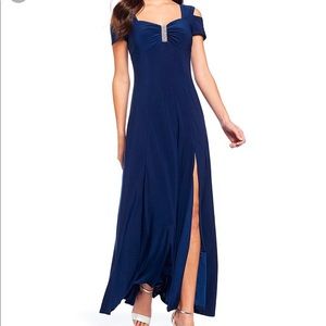 R and M Richards blue cold shoulder formal dress